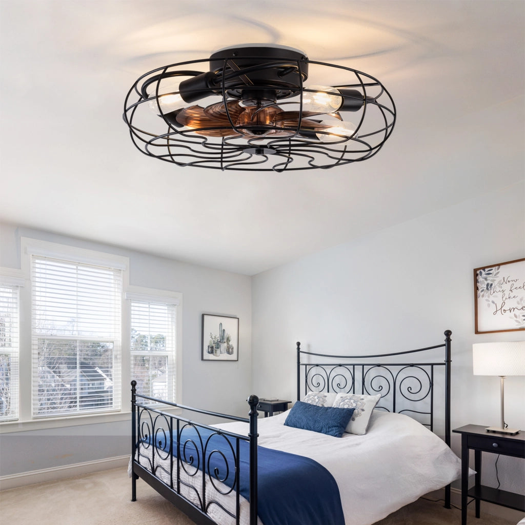 Ventilatore da soffitto con gabbia e luce; 19 pollici; 7 pale; motore reversibile; nero e noce scuro