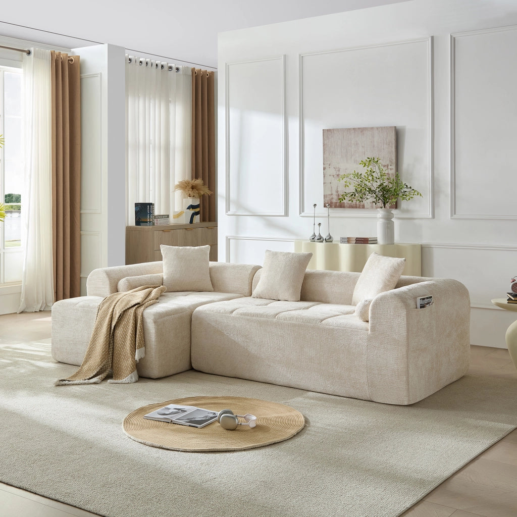 Divano angolare in chenille beige 263 cm con tasca laterale e imbottitura ergonomica