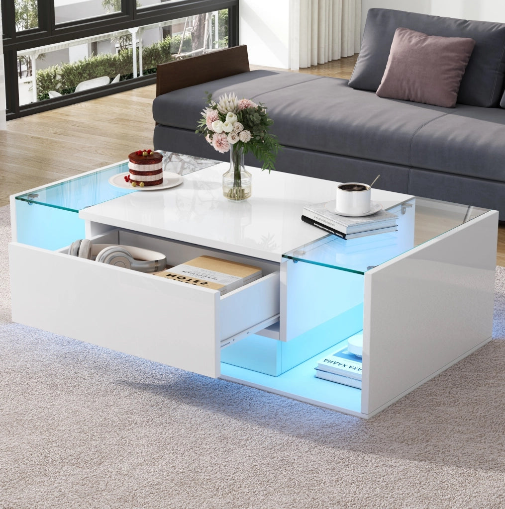 Tavolino da salotto quadrato 100 x 50 x 31 cm con 1 cassetto; LED e vetro temperato bianco lucido