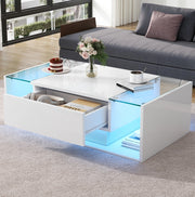 Tavolino da salotto quadrato 100 x 50 x 31 cm con 1 cassetto; LED e vetro temperato bianco lucido