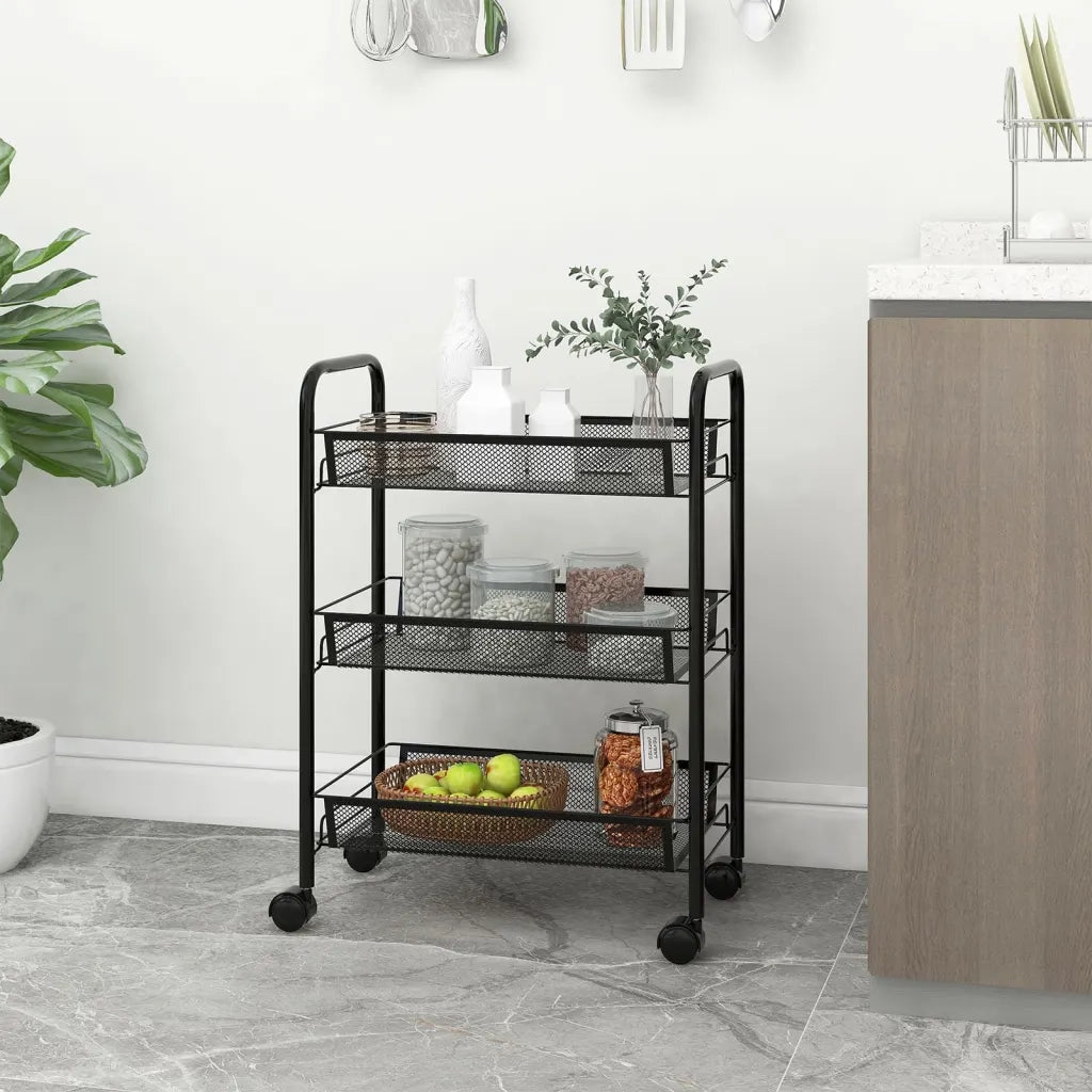 Carrello da Cucina con 3 Ripiani Nero 46x26x64 cm in Ferro CFW1170992