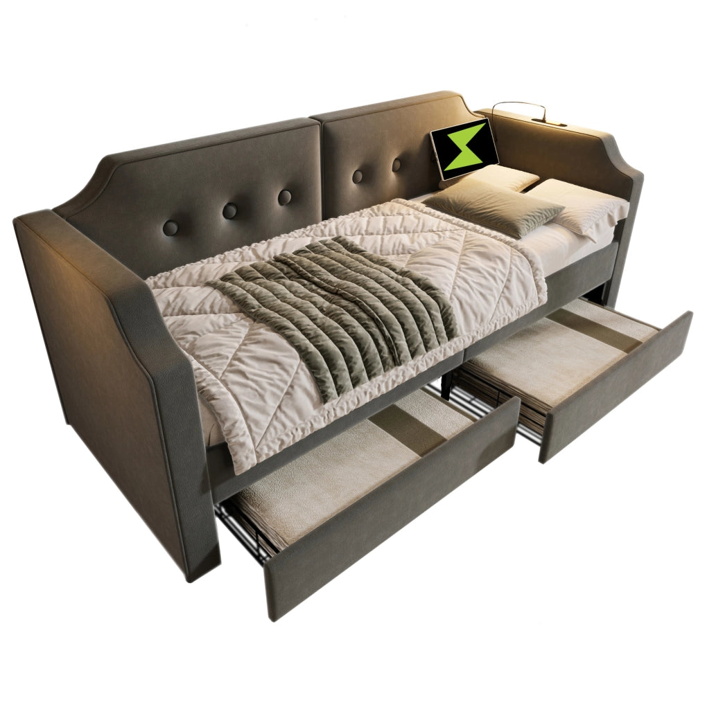 Letto 90x200 cm con 2 cassetti, USB e USB-C, luce da lettura in velluto grigio