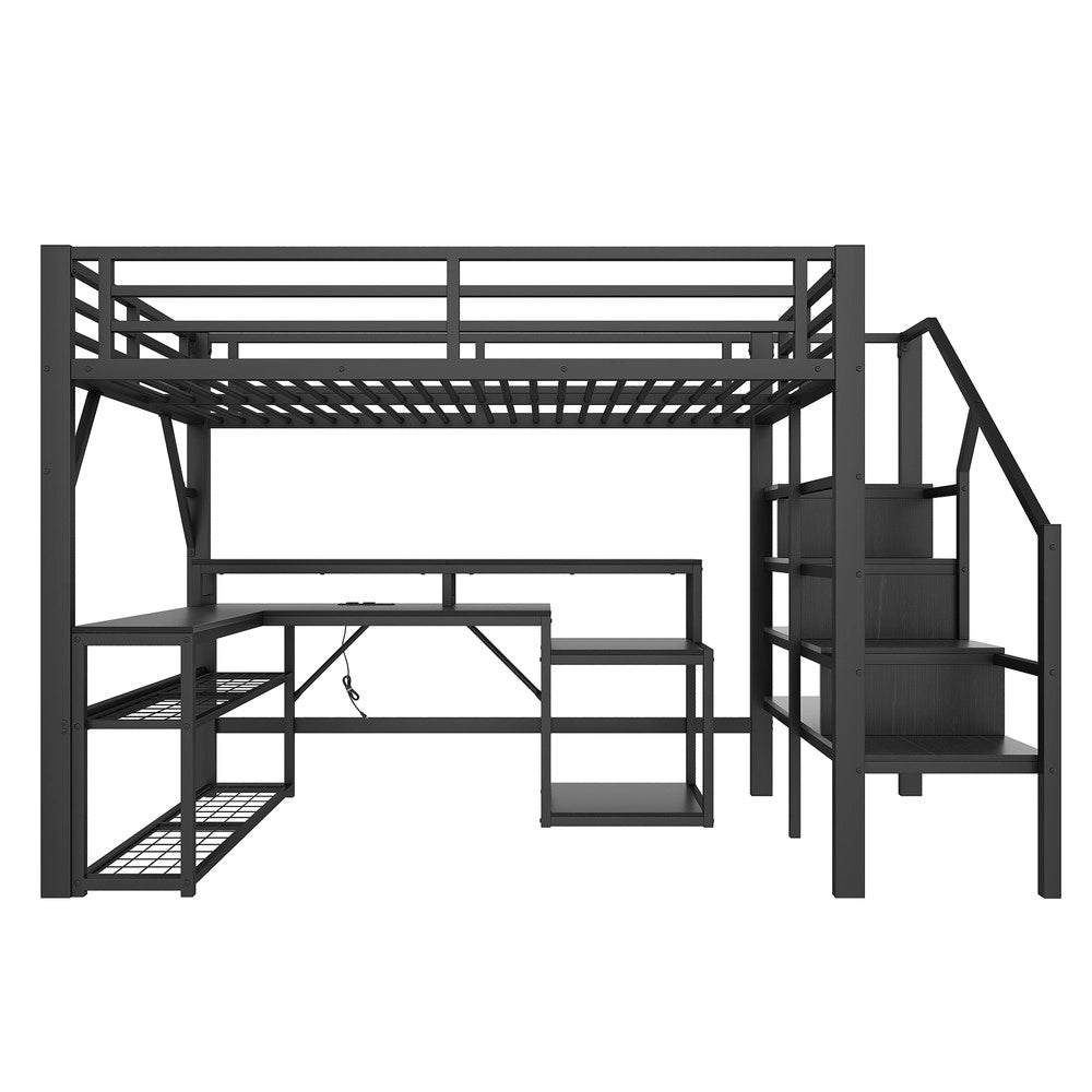 Letto a Soppalco con Scrivania e LED ¨C MINIMAL ¨C Nero, 140x200, Struttura in Metallo