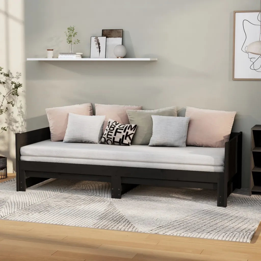 Letto singolo | Letto per adulti | Dormeuse Estraibile Nera in Legno Massello di Pino 2x(90x200)cm