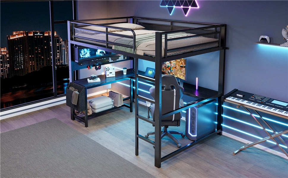 DESMIU Letto a soppalco 140 × 200 cm 2 posti con scrivania, LED, presa e USB, senza materasso, in MDF e metallo, nero