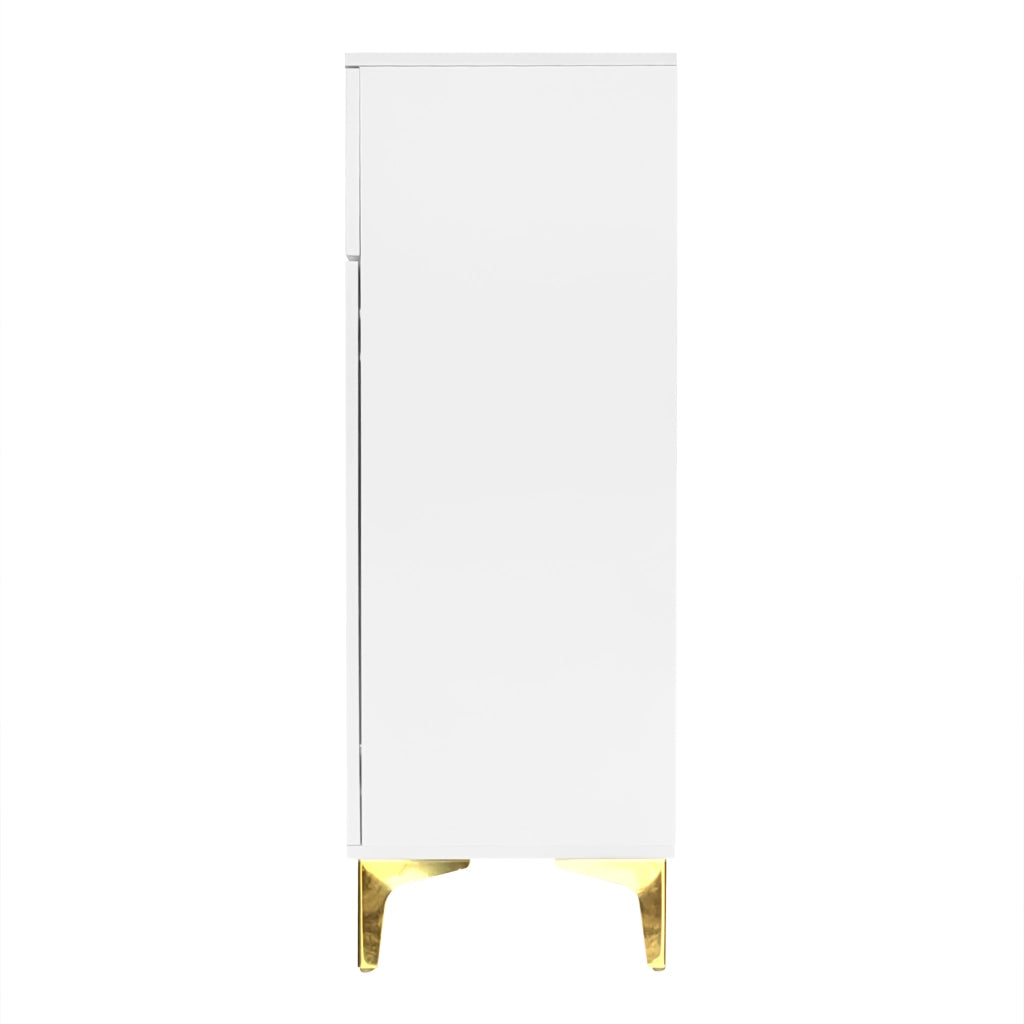 Set da ingresso con scarpiera a 2 cassetti e 2 ante; ganci dorati e panca; truciolato; bianco; push-open