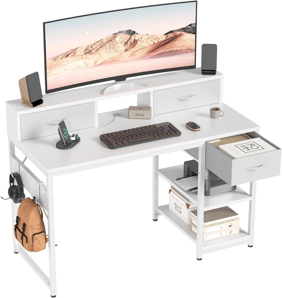 Scrivania Con Cassetti E Ripiano Reversibile, Scrivania Per Computer Con Contenitore, Supporto Per Monitor, Foro Per Cavi, 2 Ripiani Regolabili E Cassetto Inferiore, 120 X 50 Cm, Nero