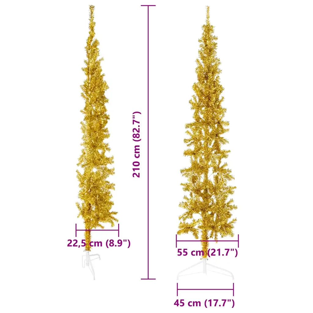Albero Natale Artificiale Sottile a MetÃ  con Supporto Oro 210cm