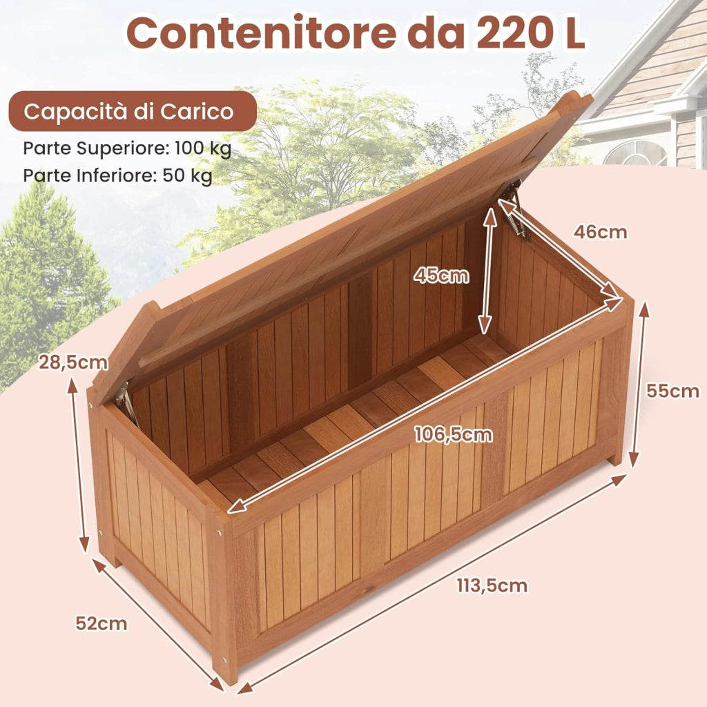 Baule da Giardino 220L, 3 in 1 Cassapanca Contenitore in Legno Massello con Coperchio Ribaltabile e Bordi Rialzati, Panca Portaoggetti per Interni e Esterni, 113,5 x 52 x 58,5 cm