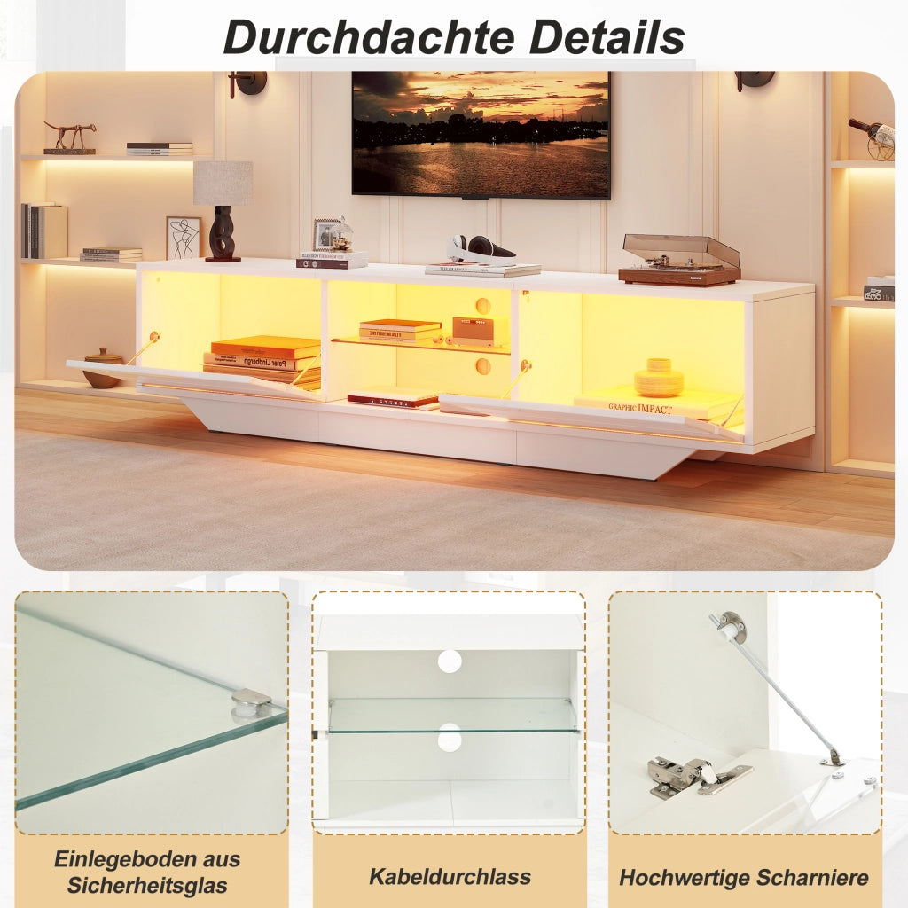 Mobile porta TV con LED e 2 ante 4 vani e ripiano in vetro regolabile per soggiorno bianco 160 × 35 × 44,5 cm