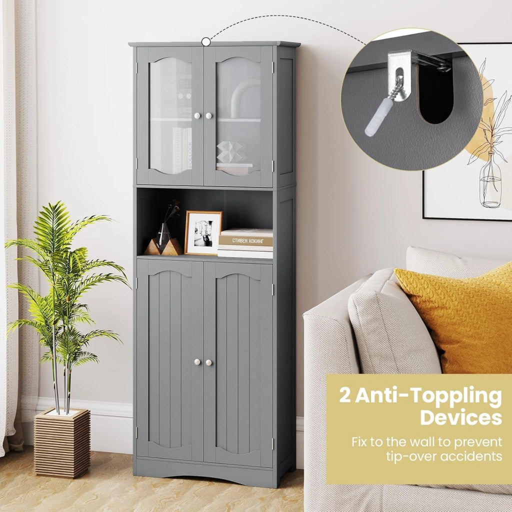Armadio Alto da Bagno con Ante in Vetro Temperato, Ripiani Regolabili, Kit Anti-Ribaltamento, per Bagno, Soggiorno, Sala da Pranzo e Cucina, 60x30x164 cm (Grigio)