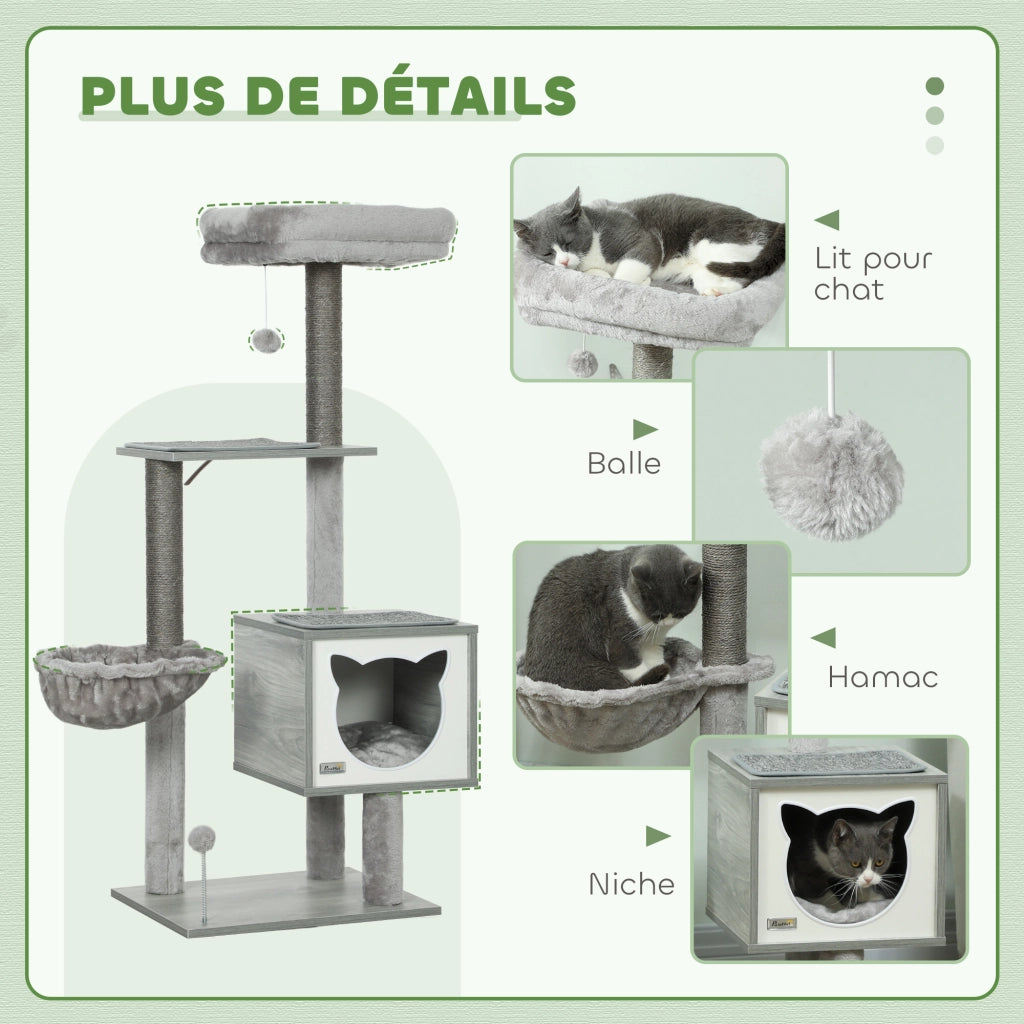 Arbre ¨¤ chat con griffoir, nicchia e amaca ¨C zephmum ¨C 48x40x126cm grigio