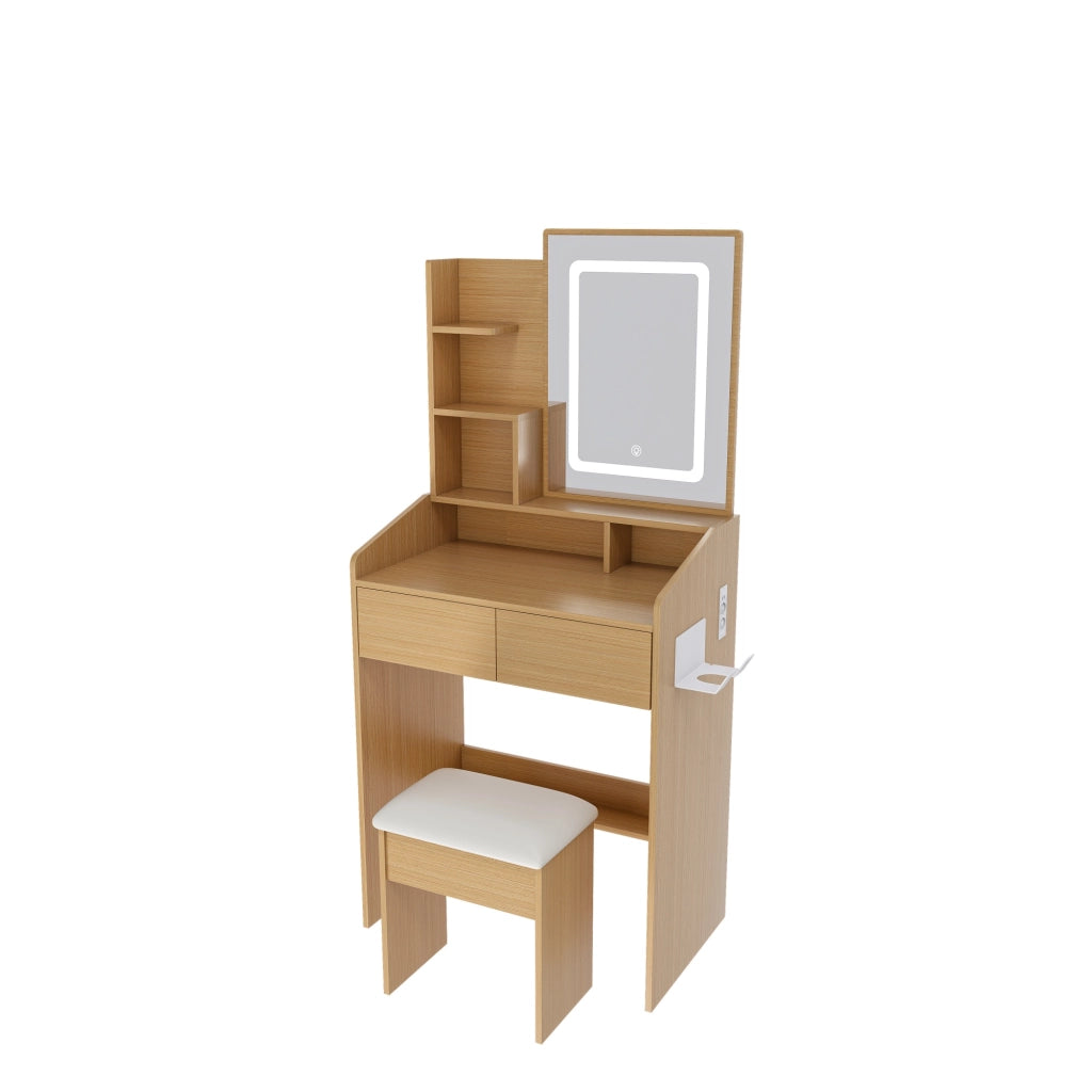 Toeletta con 2 cassetti; specchio LED e presa integrata; portasciugacapelli e sgabello; per camera da letto; 60×36×130 cm