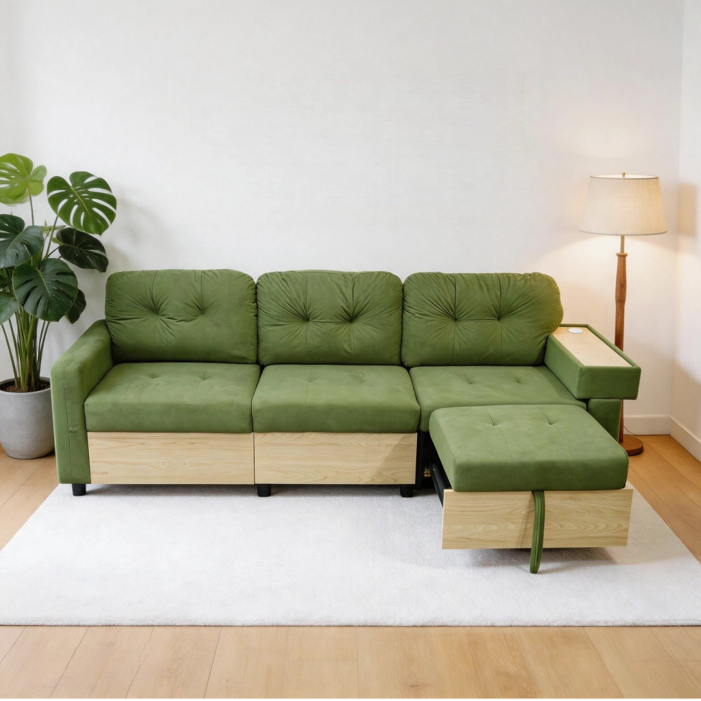 Divano Angolare 3 Posti con Penisola Estraibile ¨C MINIMAL ¨C Velluto Verde, Contenitore, Braccioli in Legno