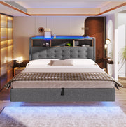 Letto imbottito 180x200 cm con illuminazione LED; contenitore idraulico; in lino e MDF; grigio