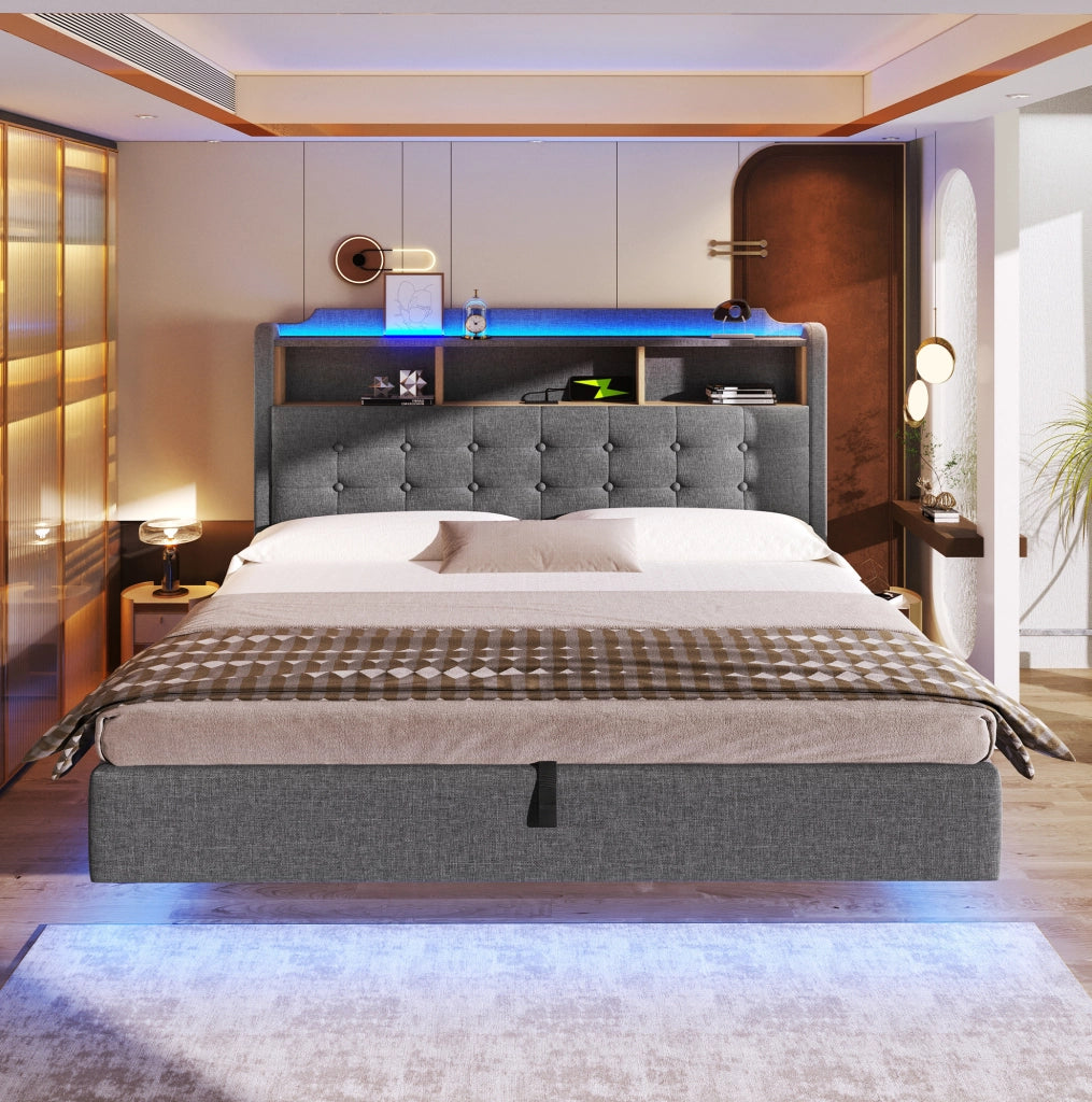 Letto imbottito 180x200 cm con illuminazione LED; contenitore idraulico; in lino e MDF; grigio