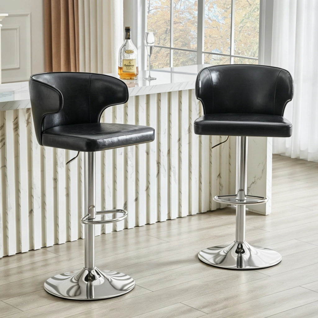 Sgabello da bar girevole con altezza regolabile, schienale ergonomico e poggiapiedi in pu nero 70.5 × 56.0 × 55.5 cm