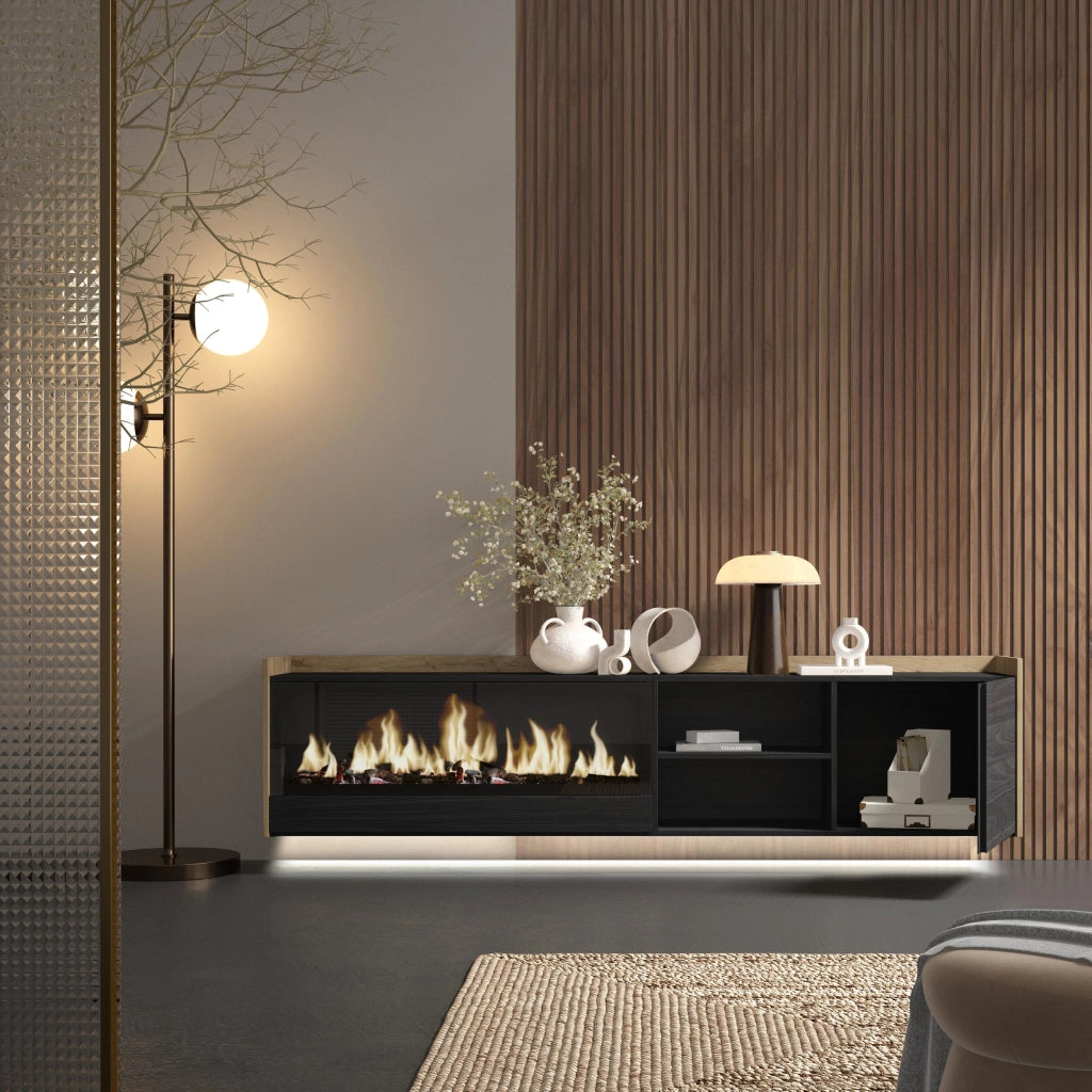 Mobile TV Soggiorno, 212x50x35 cm, Per TV fino a 80", Camino elettrico XXL, Sospeso, da appendere, LED, Nero e rovere