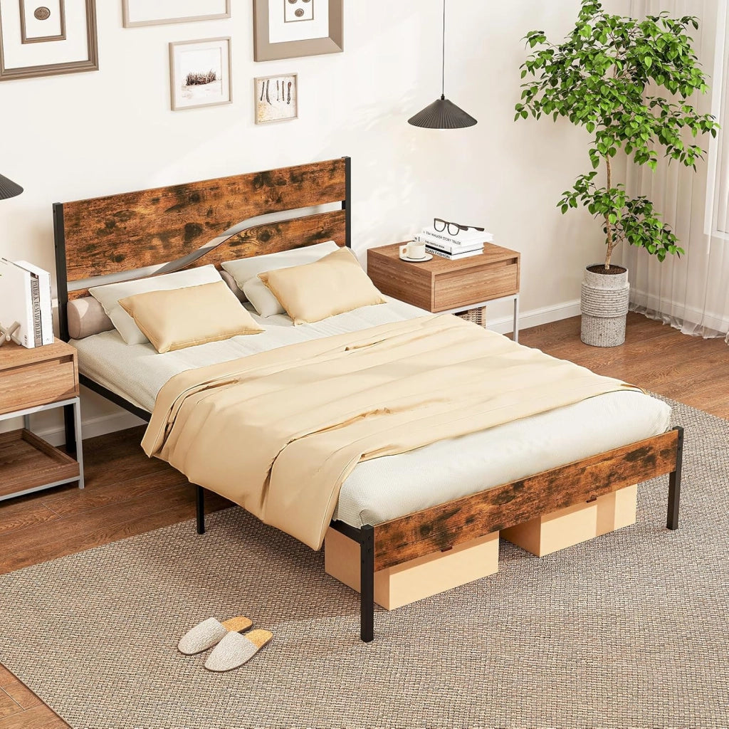 Telaio letto per materasso da 140 x 200 cm, letto in metallo con rete a doghe, letto a piattaforma con testiera, letto matrimoniale industriale in metallo e legno, letto per gli ospiti rustico