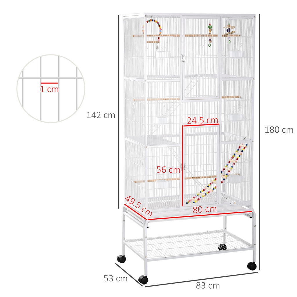 GABBIA PER UCCELLI IN ACCIAIO E PP CON POSATOI, GIOCHI, CONTENITORI PER CIBO E VASSOIO, 83X53X180 CM, BIANCO