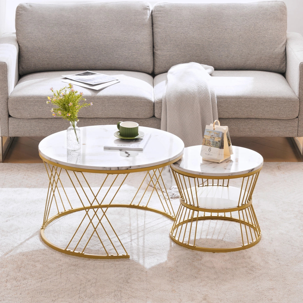 TAVOLINO da caffè set 2 pezzi rotondo impilabile 70/45 cm MDF bianco e oro