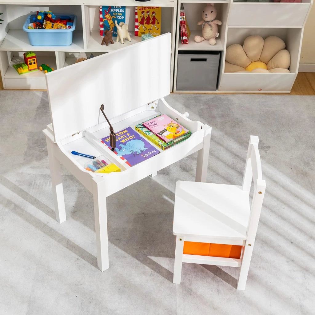 Set Tavolo e Sedia per Bambini, Scrivania Ribaltabile con Sedia per Bambini in Legno, con Cassetto e Gancio Estraibile, Bianco/Naturale (Bianco)