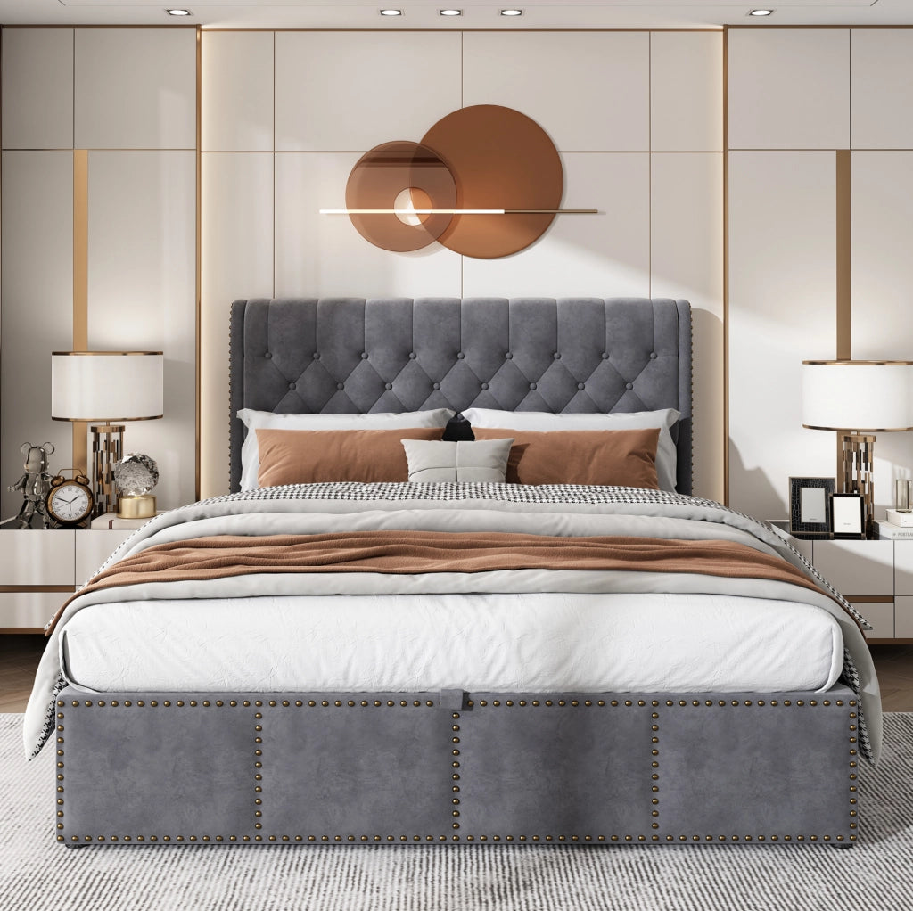 Letto imbottito 160x200 cm in velluto grigio con contenitore e testiera alta 102;5 cm