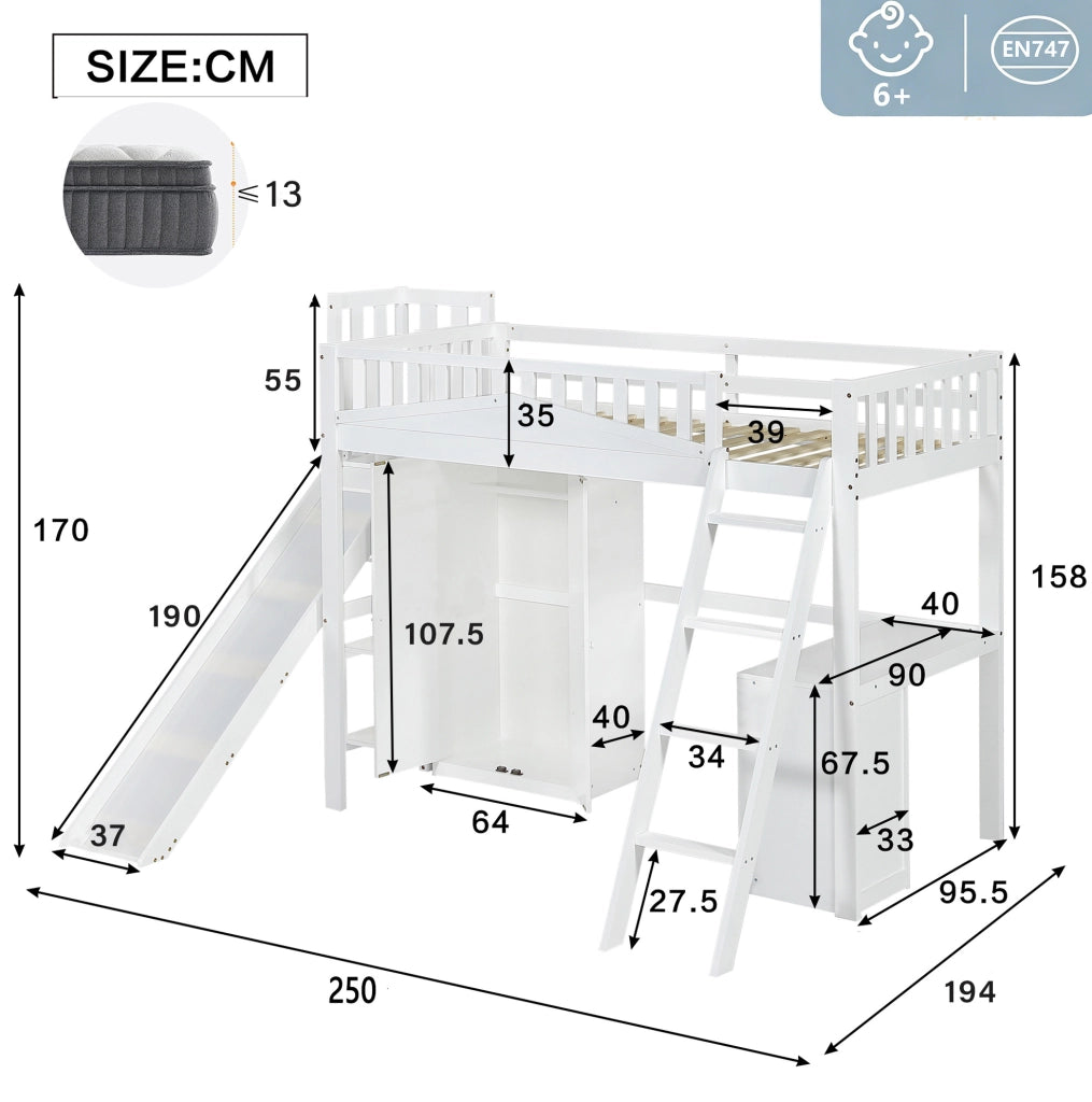 Letto a castello multifunzione con scivolo, scrivania, armadio e ripiani