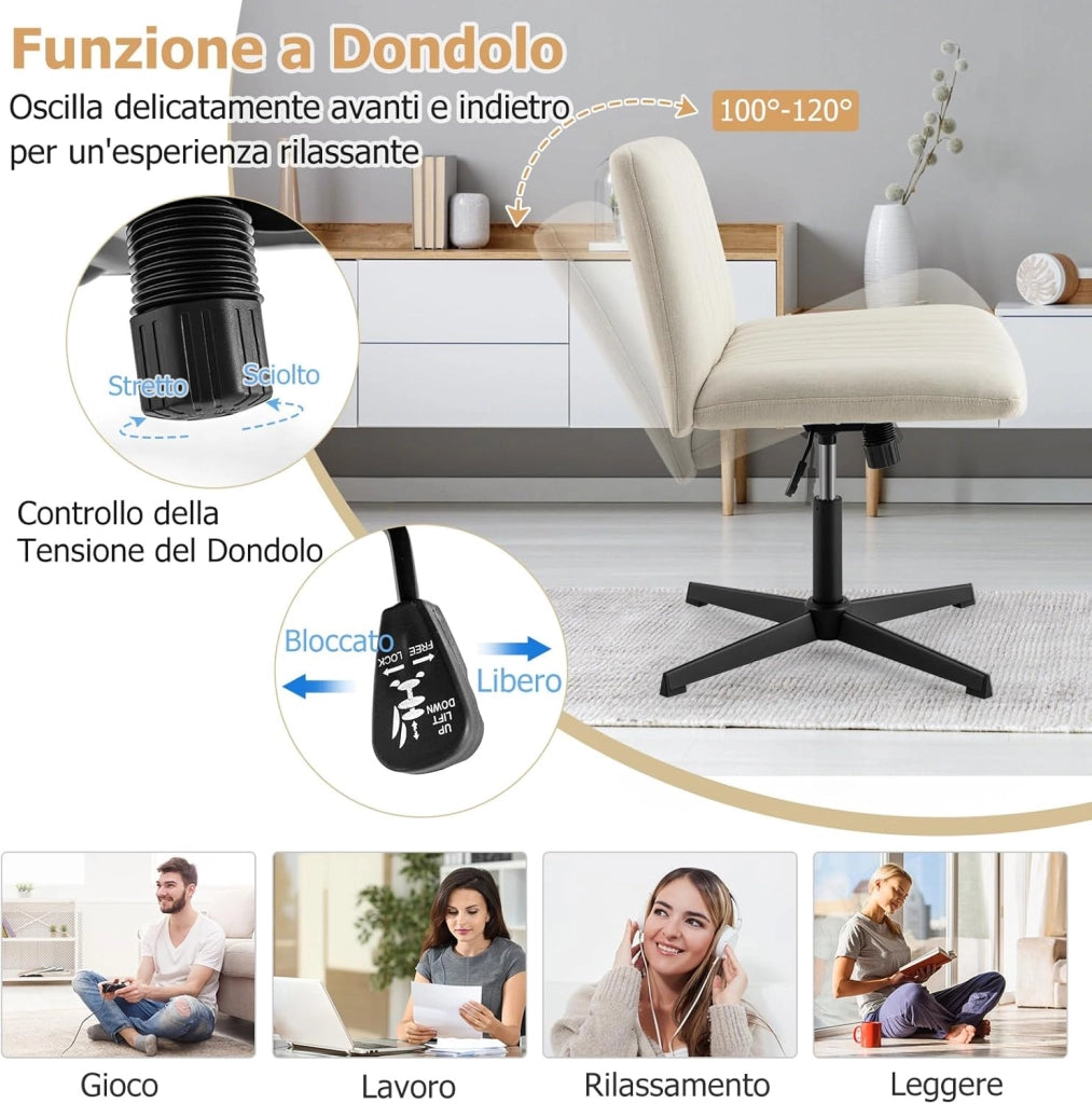 Sedia da Ufficio con Gambe Incrociate Senza Ruote, Sedia da Scrivania con Sedile Imbottito Ampio, Sedia Girevole 120°, Altezza Regolabile, Portata 150 kg (Beige)