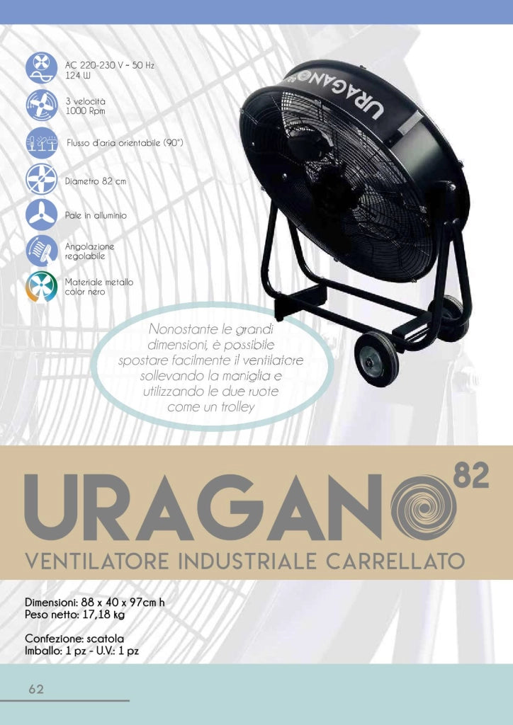 Ventilatore Industriale Carrellato URAGANO 82 82 cm 124W 3 Velocità con Rotelle e Maniglia – Potente e Professionale per Officine e Magazzini