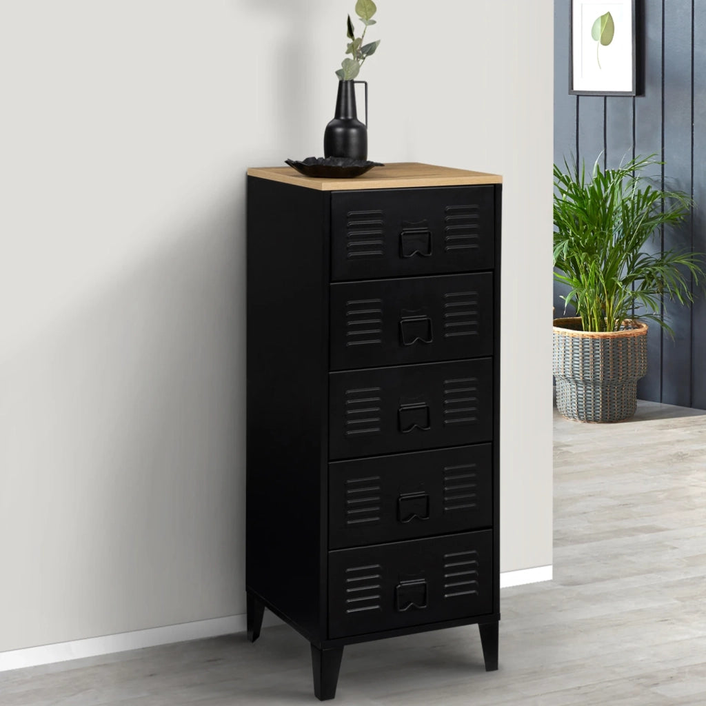 IDMarket - Cassettiera ESTER a 5 cassetti, 40 cm, metallo nero e piano in faggio in stile industriale