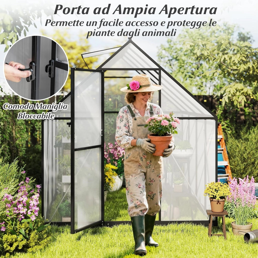 Serra da Giardino in Lega di Alluminio 250 x 190 x 195 cm, con Porta Bloccabile e Lucernario Regolabile, Pannello Trasparente in PC, Serra da Esterno per Piante, Fiori e Frutta