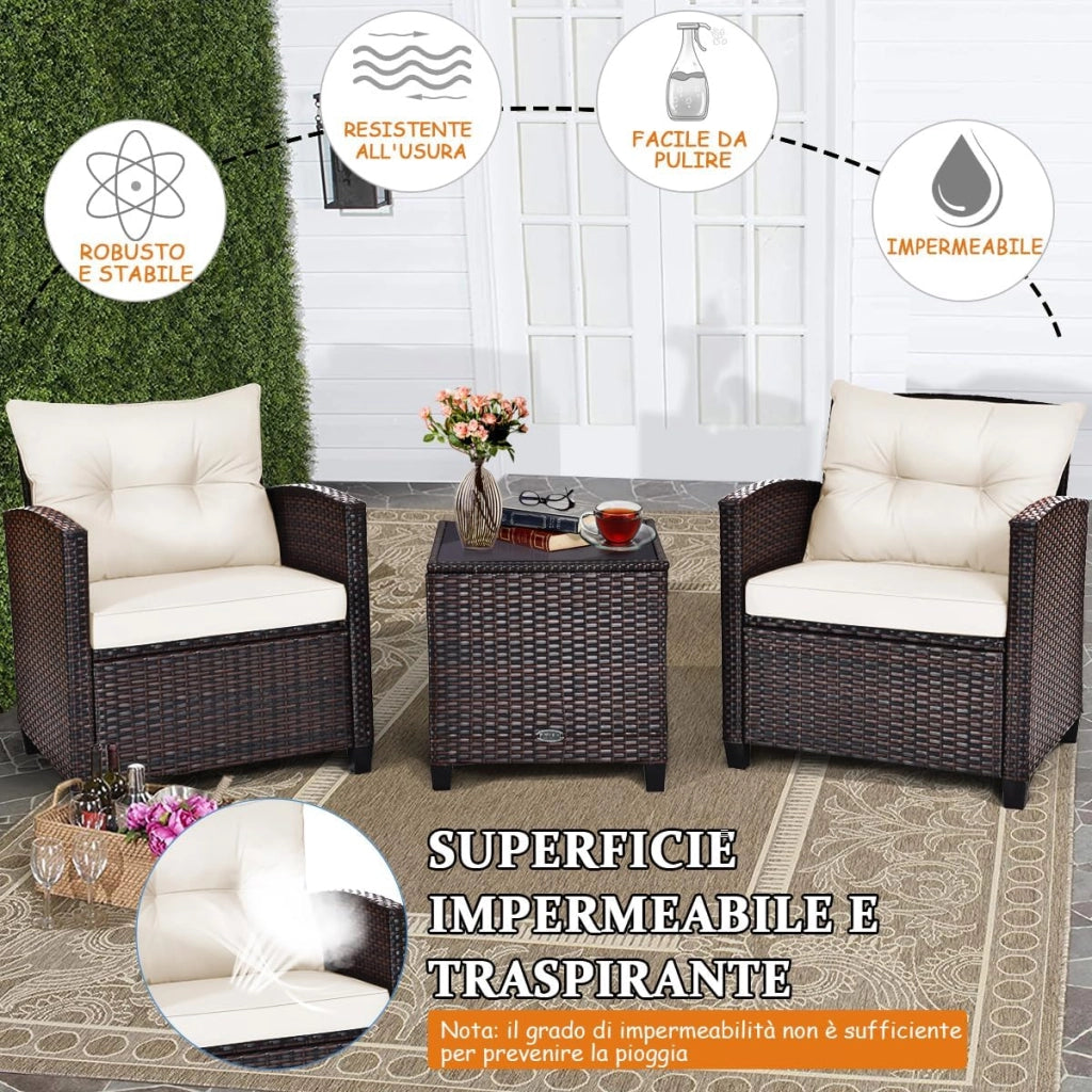 Set di 3 Pezzi di Mobili da Giardino, 1 Tavolo con Piano in Vetro Temprato e 2 Poltrone da Salotto, 4 Cuscini Rimovibili, per Giardino Piscina e Prato (Bianco)
