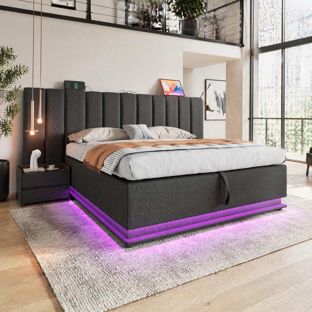 Letto matrimoniale contenitore 180x200 cm con LED 360掳; USB e USB-C; in lino grigio