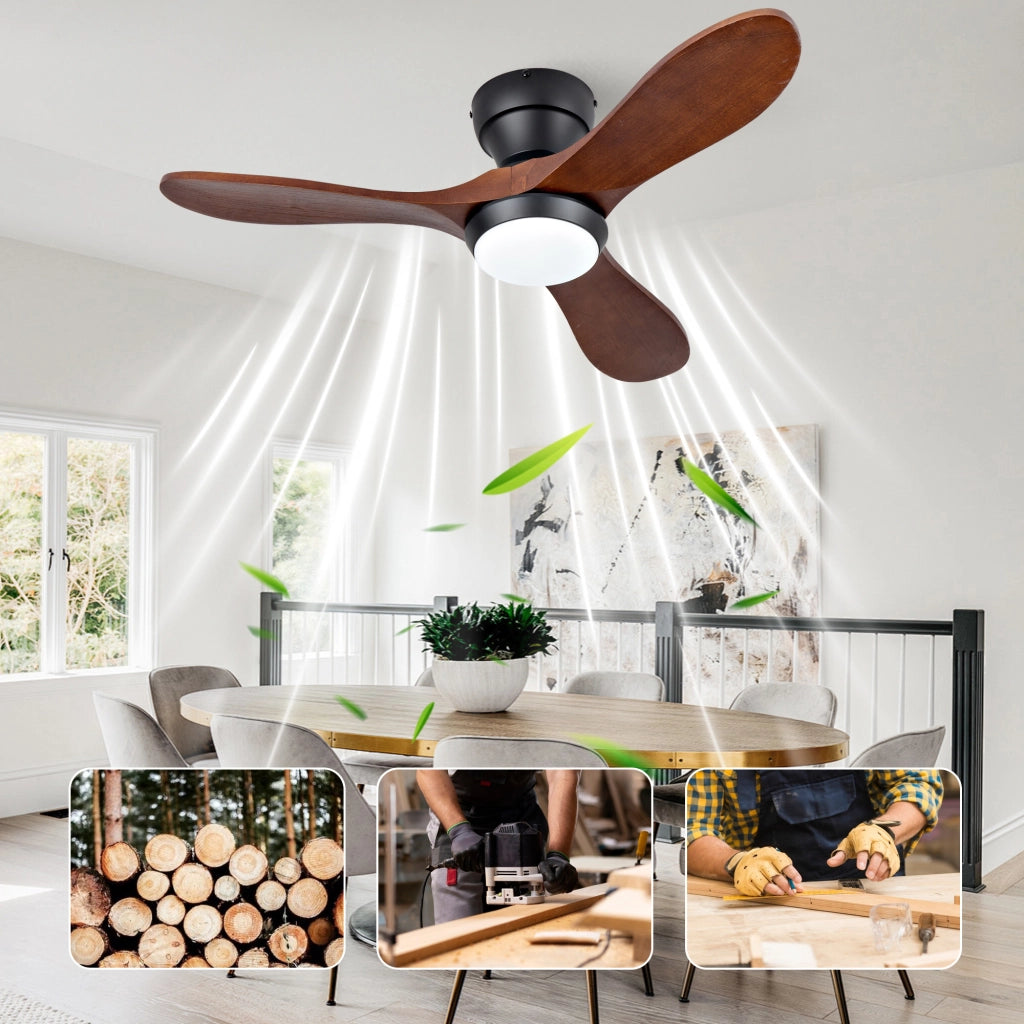 VENTILATORE DA SOFFITTO 91 cm con LED, telecomando, 3 pale in legno massello nero/nocciola