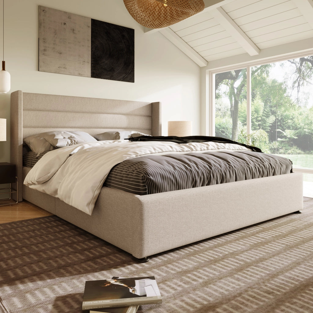 Letto contenitore matrimoniale 160x200 cm, imbottito con vano contenitore e sollevamento idraulico integrato, struttura in legno e metallo, tessuto lino, materasso non incluso, beige
