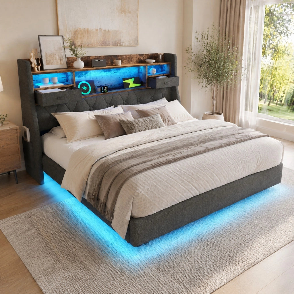 LETTO 140x200 cm in lino grigio con LED e stazione di ricarica