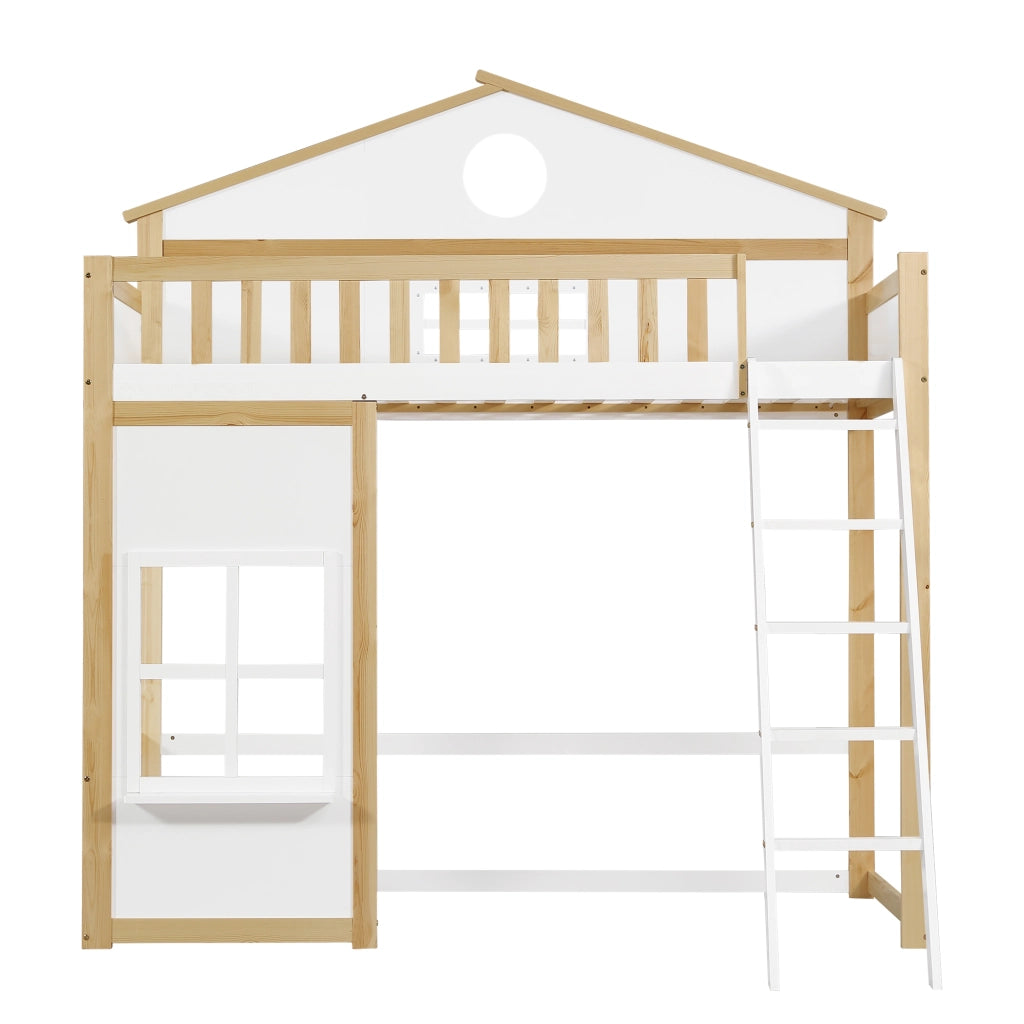 Letto a castello per bambini - Zephmum- Con scala, tetto, finestra e protezioni- 90x200cm- Bianco e naturale