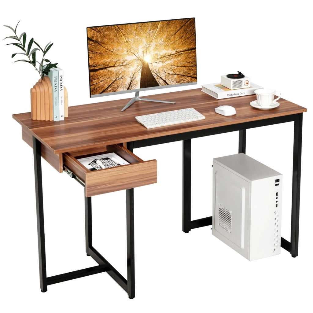 Scrivania per computer 120cm con cassetto, Scrivania per ufficio con struttura in metallo piedini regolabili Noce-Scrivanie