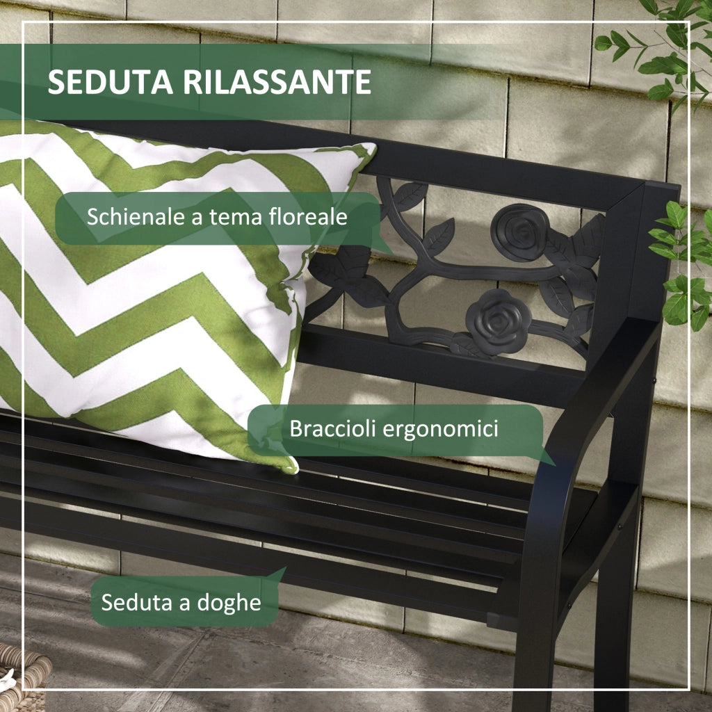 Panchina da giardino 2 posti in acciaio resistente per esterno e terrazzo, schienale decorato e braccioli, 127x50x75cm, nero