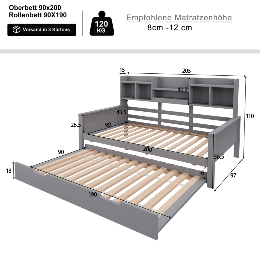 Letto multifunzionale con letto estraibile 90x200 cm; scomparti portaoggetti; grigio