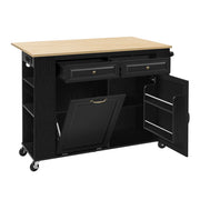 Isola Cucina Mobile Nera con Piano Estensibile 120 cm; Porta Rifiuti; Prese USB; Ruote e Ripiani Regolabili
