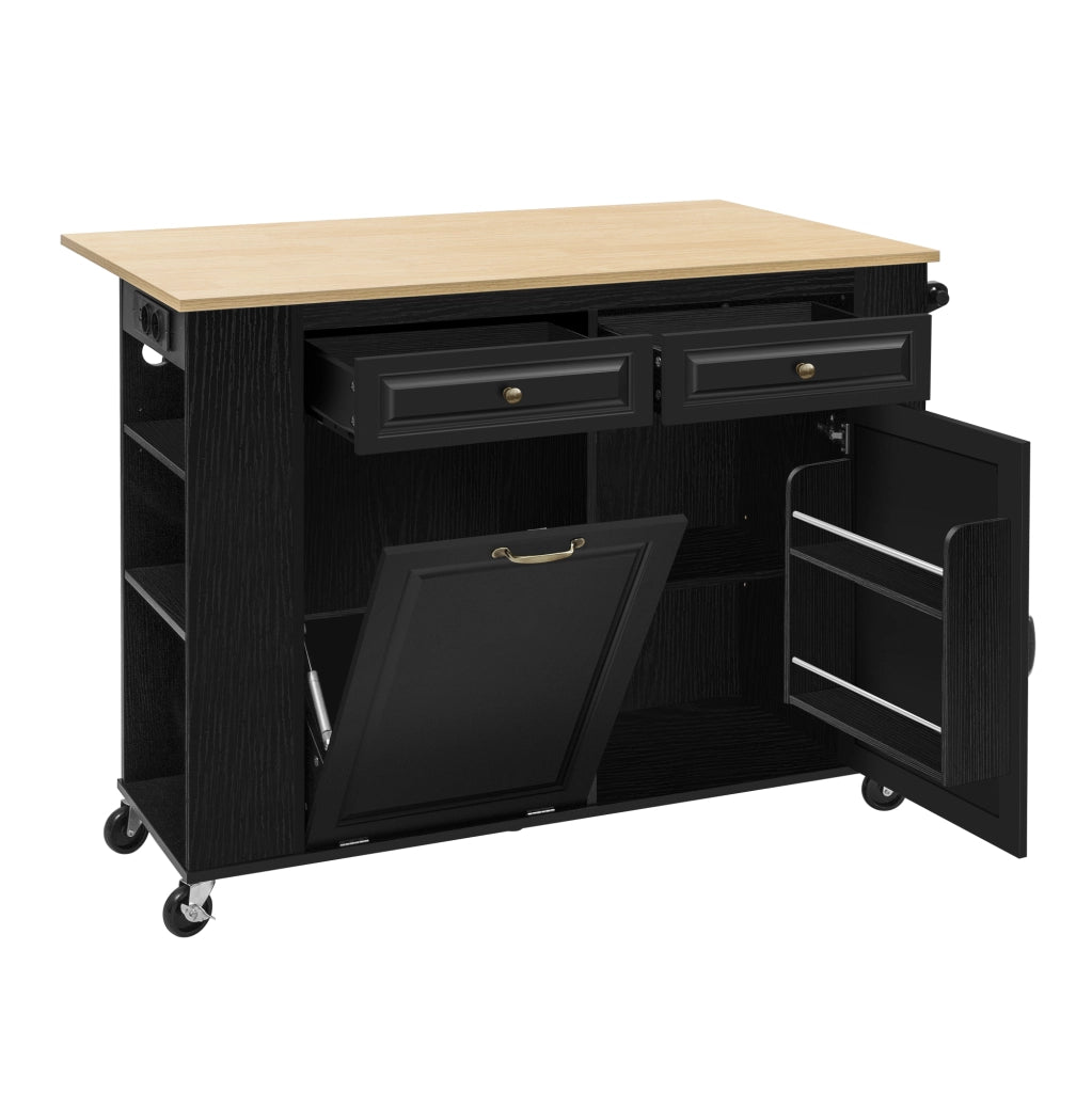 Isola Cucina Mobile Nera con Piano Estensibile 120 cm; Porta Rifiuti; Prese USB; Ruote e Ripiani Regolabili