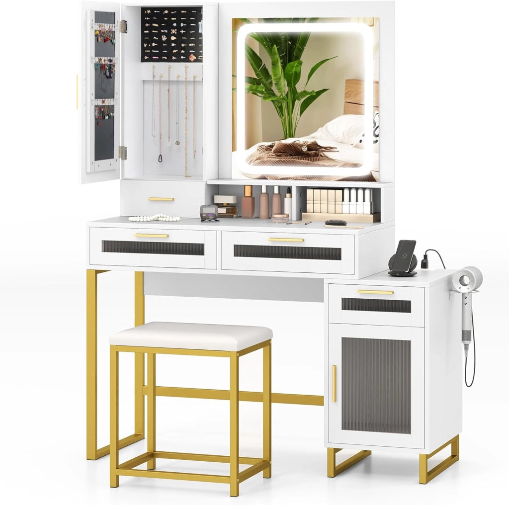 Set da toeletta con specchio e luci LED tricolore, tavolo da trucco con sgabello imbottito, stazione di ricarica, con cassetti, armadio di gioielli e ripiani, 112 x 39,5 x 145 cm, bianco