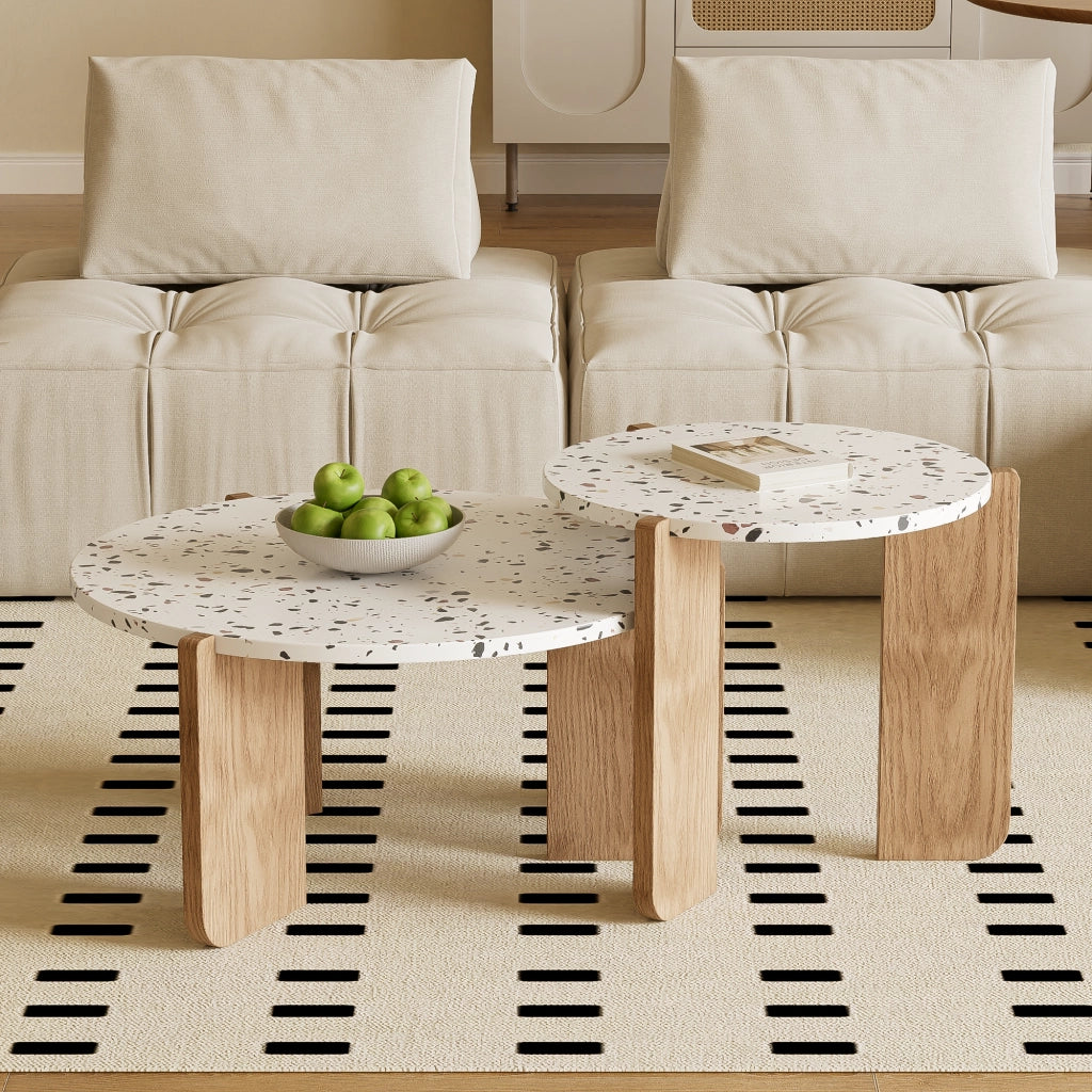 Tavolini da Caffè Rotondi Impilabili con Piani Decorati; Design Salvaspazio per Soggiorno; MDF; Naturale