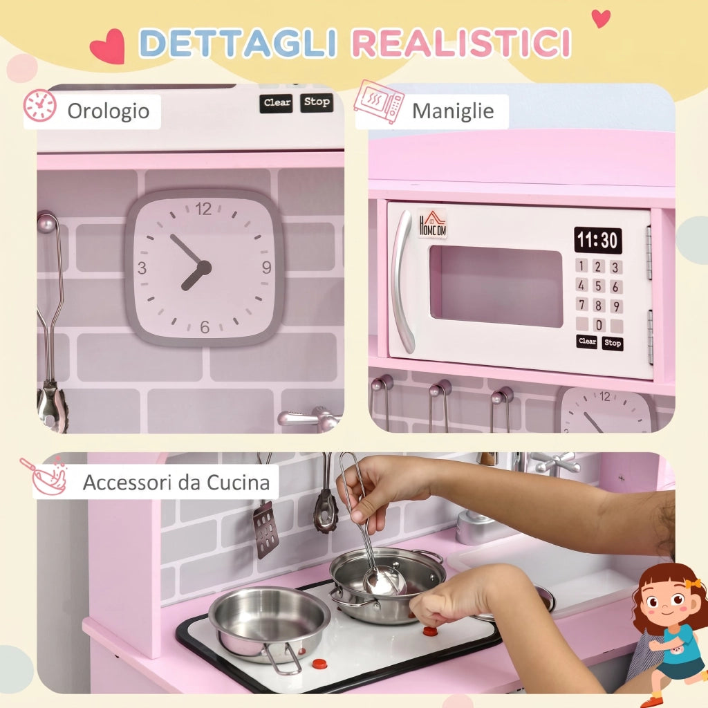 Cucina Giocattolo per Bambini con Fornelli Luci e Suoni Microonde Distributore d'Acqua in MDF e PP Rosa