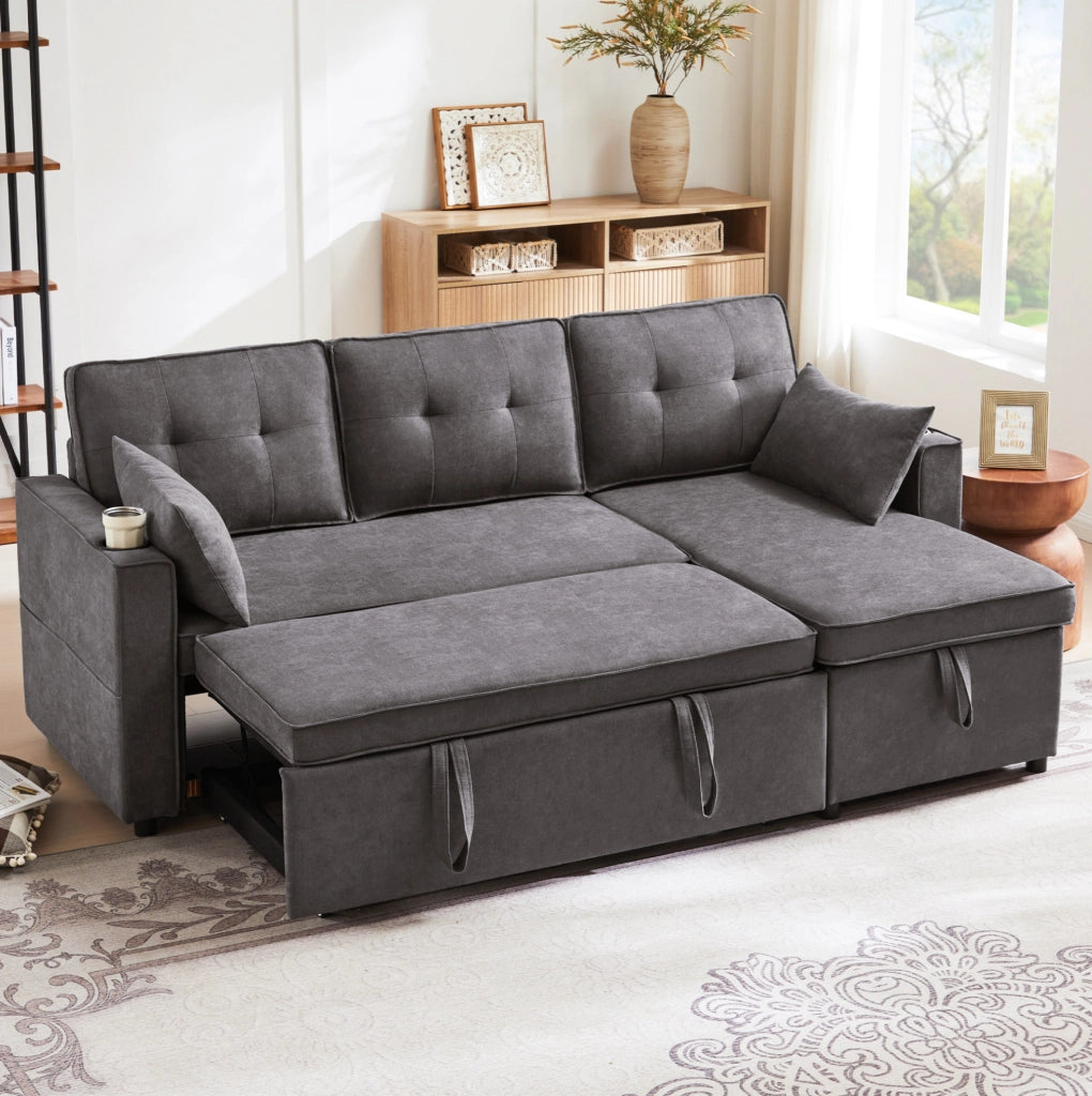 Divano letto con chaise longue reversibile; contenitore e portabicchieri in cotone e lino grigio