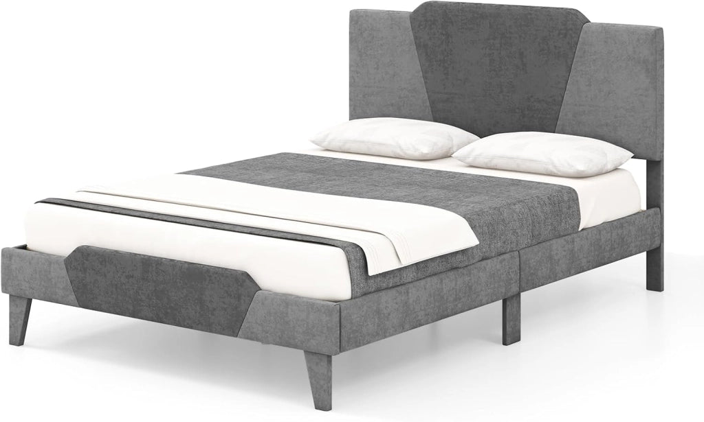 Letto con Struttura Imbottita in Velluto, Telaio da Letto con Doghe in Legno Massello e Testiera, 140 x 200 cm, Carico Massimo 500kg