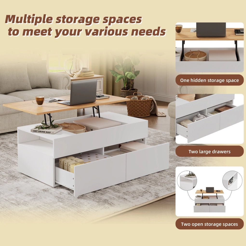 Tavolino da soggiorno sollevabile 100x50x40 cm in truciolare bianco con 2 cassetti