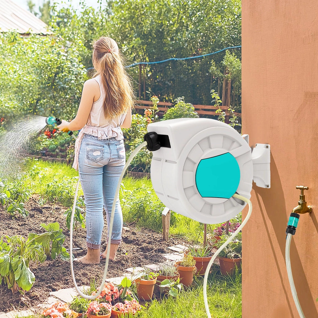 Avvolgitubo da Giardino Retrattile con Tubo dell'Acqua 25+2 m e 7 Getti per Irrigazione Verde e Grigio Chiaro